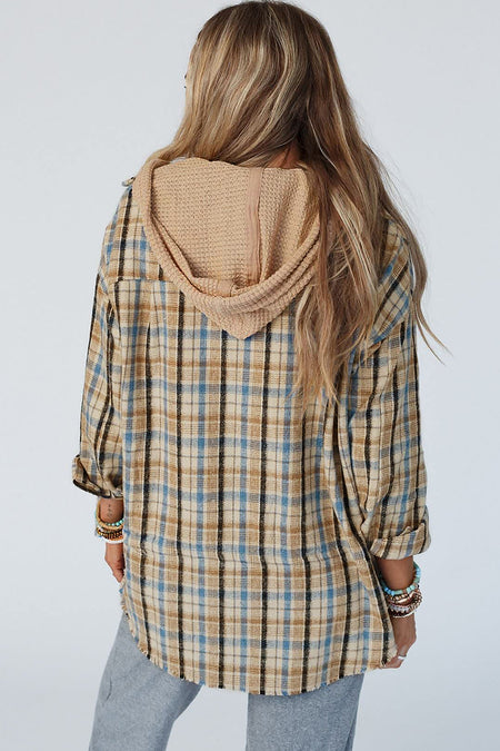 Waffle Knit Patchwork Hooded Plaid Shacket