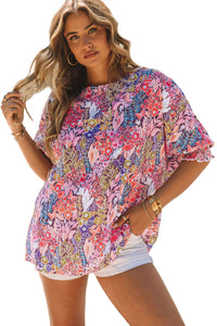 Floral Print Shirred 3/4 Sleeve Tunic Blouse