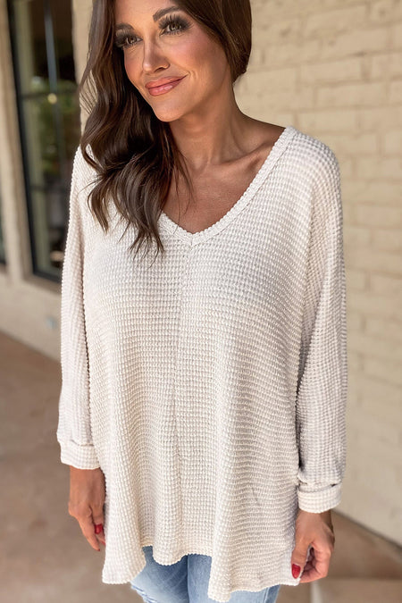 Waffle Knit Side Slits Loose Fit V Neck Top