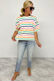 Beige Stripe Dropped Short Sleeve Boxy Fit Knitted Top