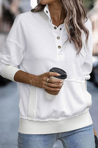 White Ribbed Hem Snap Button Neckline Sweatshirt with Pocket