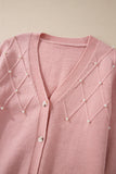 Textured Knit Pearl Beaded Button Up Cardigan