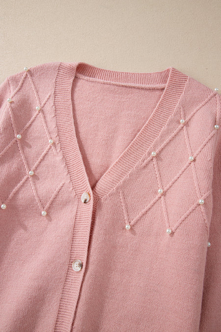 Textured Knit Pearl Beaded Button Up Cardigan