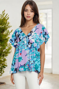 Abstract Print V Neck Flutter Sleeve Blouse