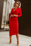 Red Long Sleeves Wrap V Neck Ruched Sheath Bodycon Dress