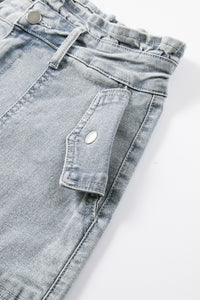 Ruffled High Waist Flap Pockets Denim Shorts
