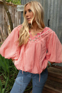 Geometric Embroidered V Neck Puff Sleeve Blouse