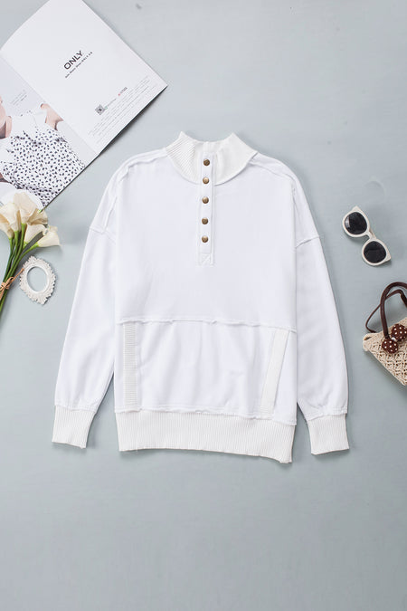 White Ribbed Hem Snap Button Neckline Sweatshirt with Pocket