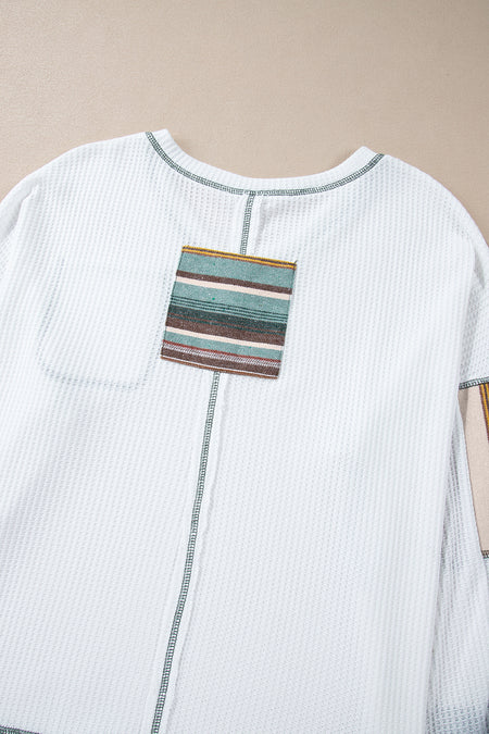 Striped Patchwork Exposed Seam Waffle Knit Top