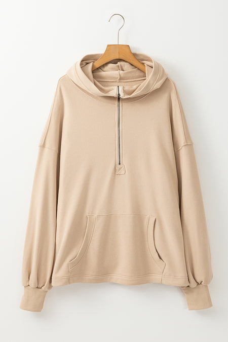 Solid Kangaroo Pocket Half Zipper Oversized Hoodie