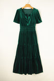 Velvet Short Sleeve Shirred Waist Tiered Maxi Dress