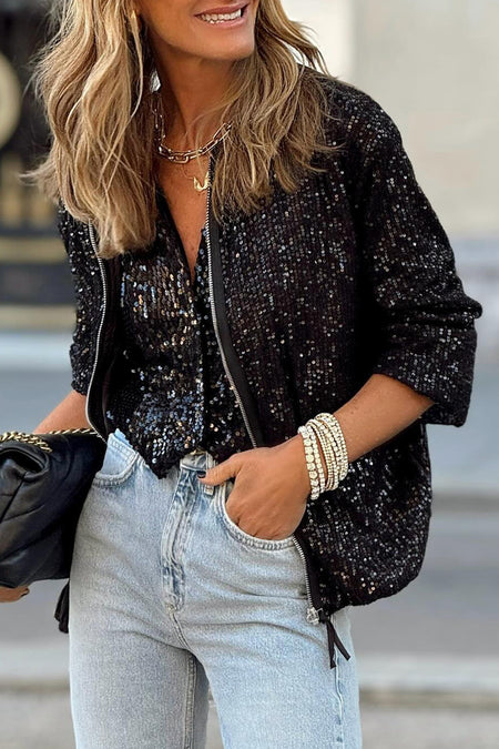 Sequin Zip up Round Neck Long Sleeve Jacket