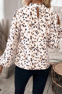 Leopard Print Lantern Sleeve Mock Neck Pleated Blouse