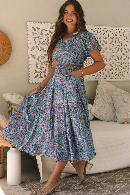 Printed V Neck Shirred Short Puff Sleeve Maxi Dress