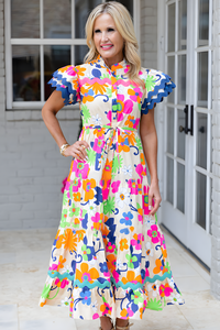 Ricrac Trim Flutter Sleeve Buttoned Floral Maxi Dress