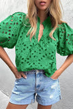 Flower Embroidered Hollow-out Puff Sleeve Blouse