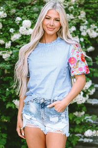 Gingham Floral Embroidered Puff Sleeve Blouse