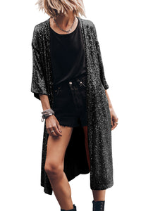 Sequin 3/4 Sleeve Open Front Duster Kimono