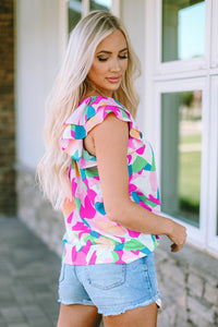 Abstract Pattern Ruffle Short Sleeves Blouse