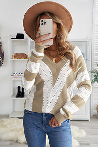 Striped Colorblock V Neck Knitted Sweater