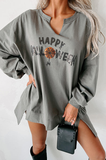 Sequin Happy Halloween Graphic Notched Neck Long Sleeve Loose Top