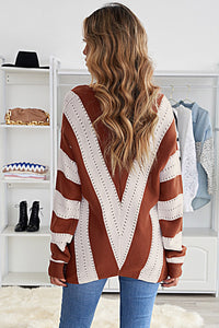 Striped Colorblock V Neck Knitted Sweater