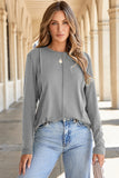 Solid Exposed Seam Crew Neck Long Sleeve Top