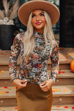 Floral Long Sleeve High Neck Sheath Mesh Blouse