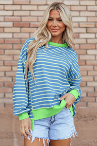 Stripe Contrast Trim High Low Pullover Tunic Sweatshirt