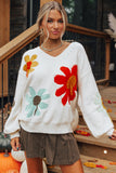 Flower Pattern V Neck Drop Shoulder Sweater