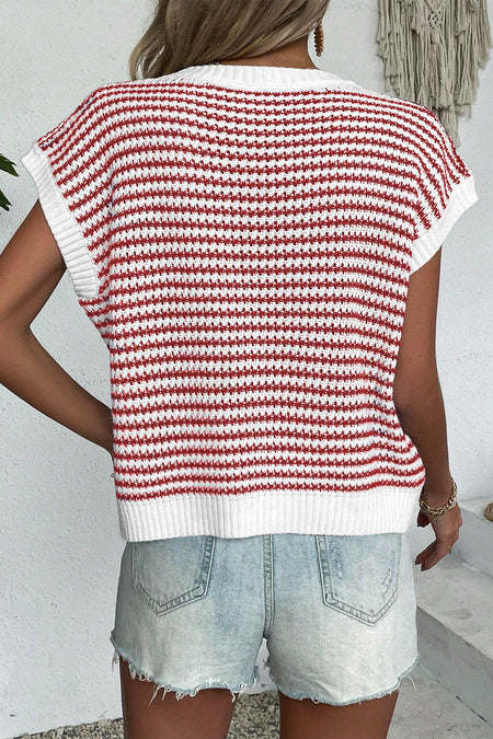 Stripe Ribbed Trim Loose Fit Knitted Sweater Vest