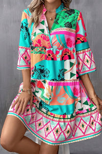 Abstract Printed Half Sleeve Notched Neck Mini Dress
