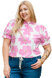 Purple Floral Ruffled Mock Neck Puff Sleeve Plus Size Blouse