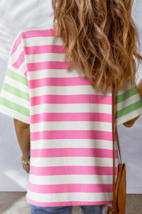 Stripe Contrast Patch Pocket Drop Sleeve T Shirt