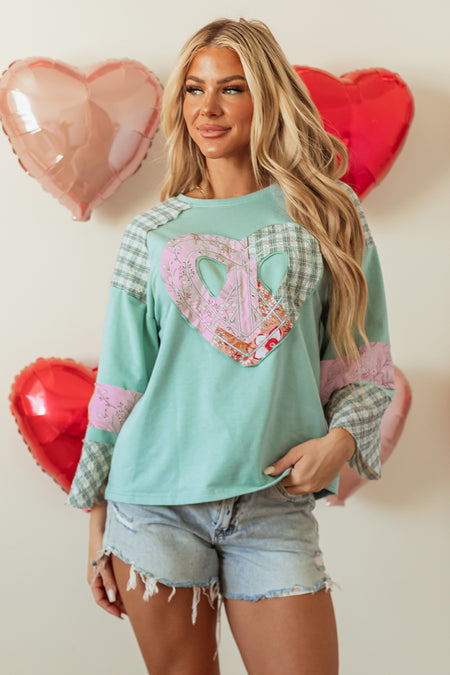 Plaid Floral Peace Heart Graphic Wide Long Sleeve Top