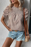 Leopard Shirred Round Neck Puff Sleeve Blouse