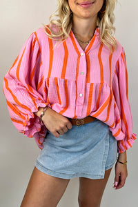 Crinckled Ruffled Sleeve Button up Loose Shirt