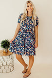 Blue Short Sleeve A-line Floral Dress