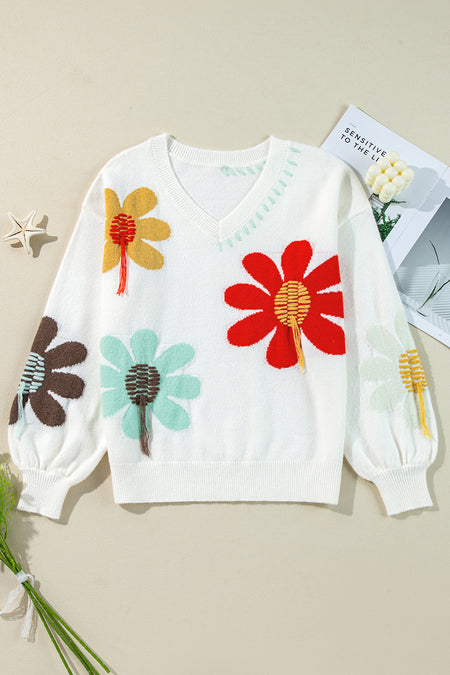 Flower Pattern V Neck Drop Shoulder Sweater