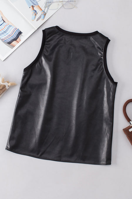 Faux Leather Crew Neck Tank Top