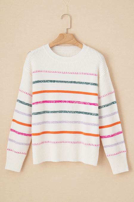 Colorful Striped Ribbed Trim Sweater