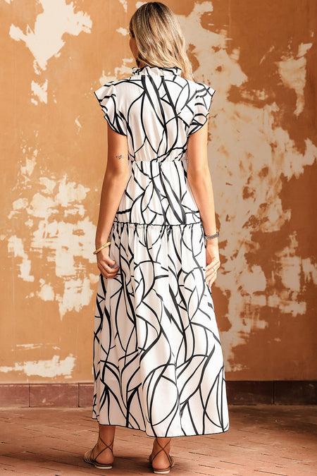 Abstract Vein Print V Neck Ruffle Maxi Dress