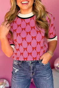 Bow Print Short Sleeve Sweater top
