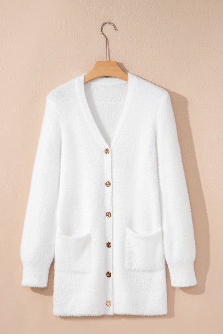 Fuzzy Buttoned Front Midi Solid Cardigan