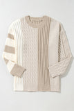 Cable Knit Colorblock Crew Neck Drop Shoulder Sweater