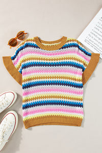 Trimmed Ruffle Sleeve Colorful Textured Sweater