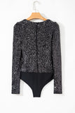 Black Sequin V Neck Zipped Long Sleeve Bodysuit