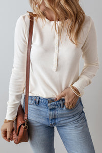 Solid Color Waffle Half Button Long Sleeve Top