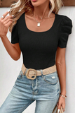 Waffle Knit Ruched Puff Sleeve Top