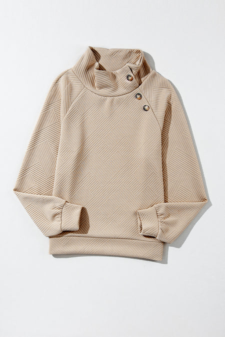 Asymmetric Buttons Detail High Neck Textured Sweatshirt